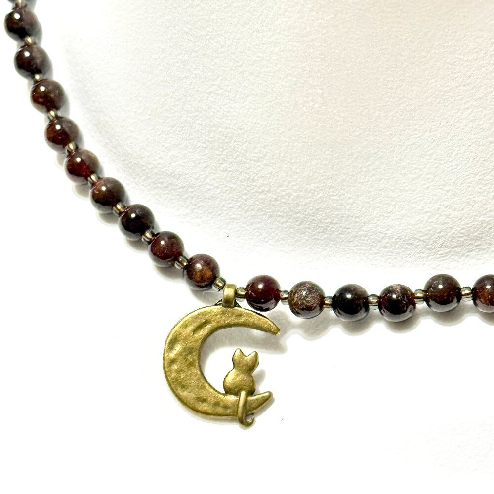 Deep Wine Red Garnet Short Necklace, Genuine Gemstone & Bronze Cat on the Moon